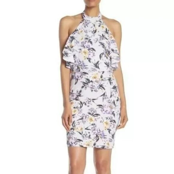 BEBE Dress 10 Lavender Stretch Floral Halter Tie Ruffle Summer Fairy NWT $129 - Picture 1 of 9